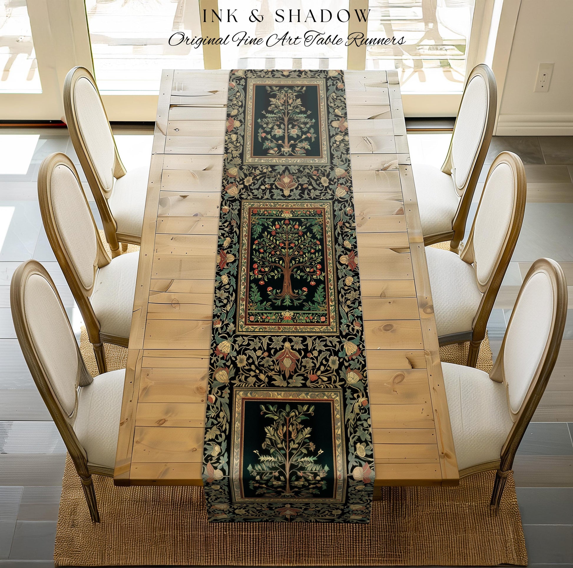 Medieval Folk Art Dark Floral Table Runner | Ornate Tree of Life Morris Style Fairytale Folklore Cottagecore Botanical Decor Jewel Tones |