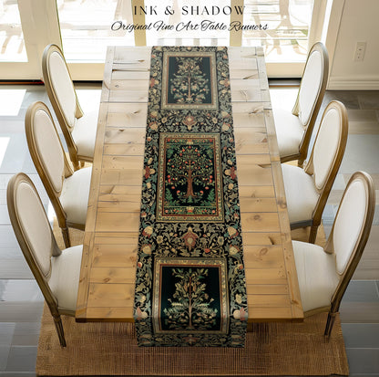 Medieval Folk Art Dark Floral Table Runner | Ornate Tree of Life Morris Style Fairytale Folklore Cottagecore Botanical Decor Jewel Tones |