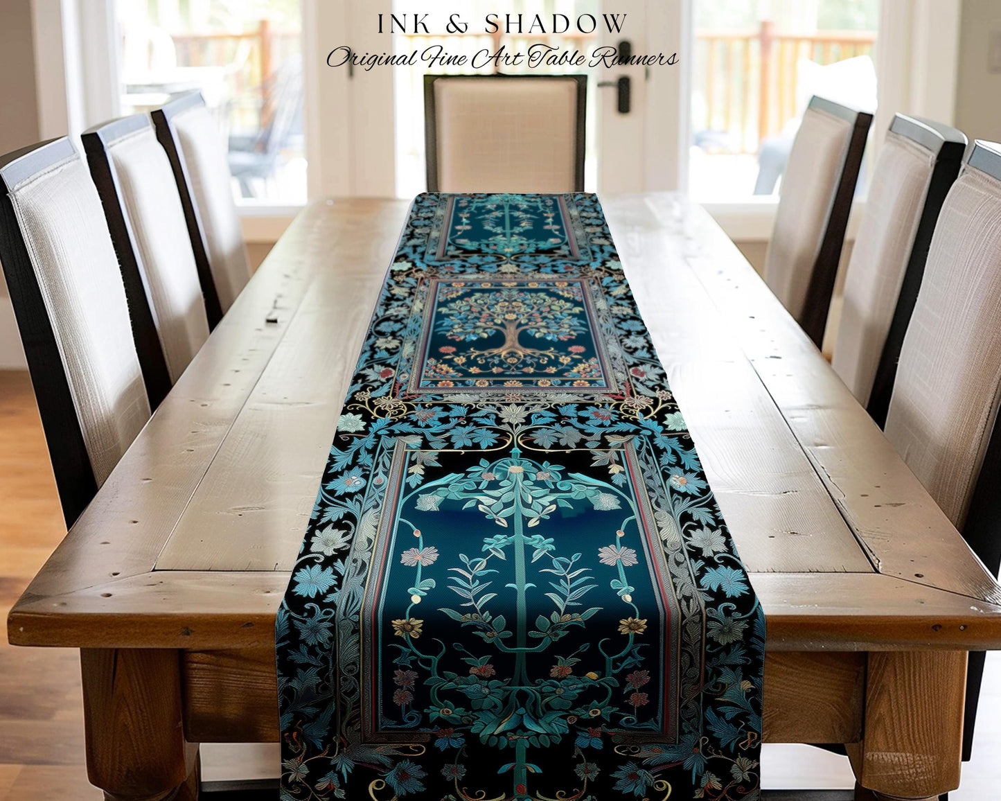 Moody Gothic Blues Tree of Life Table Runner | Mystical Garden Theme Vintage Floral Decor Romantic Folk Art Forestcore Maximalist Style |