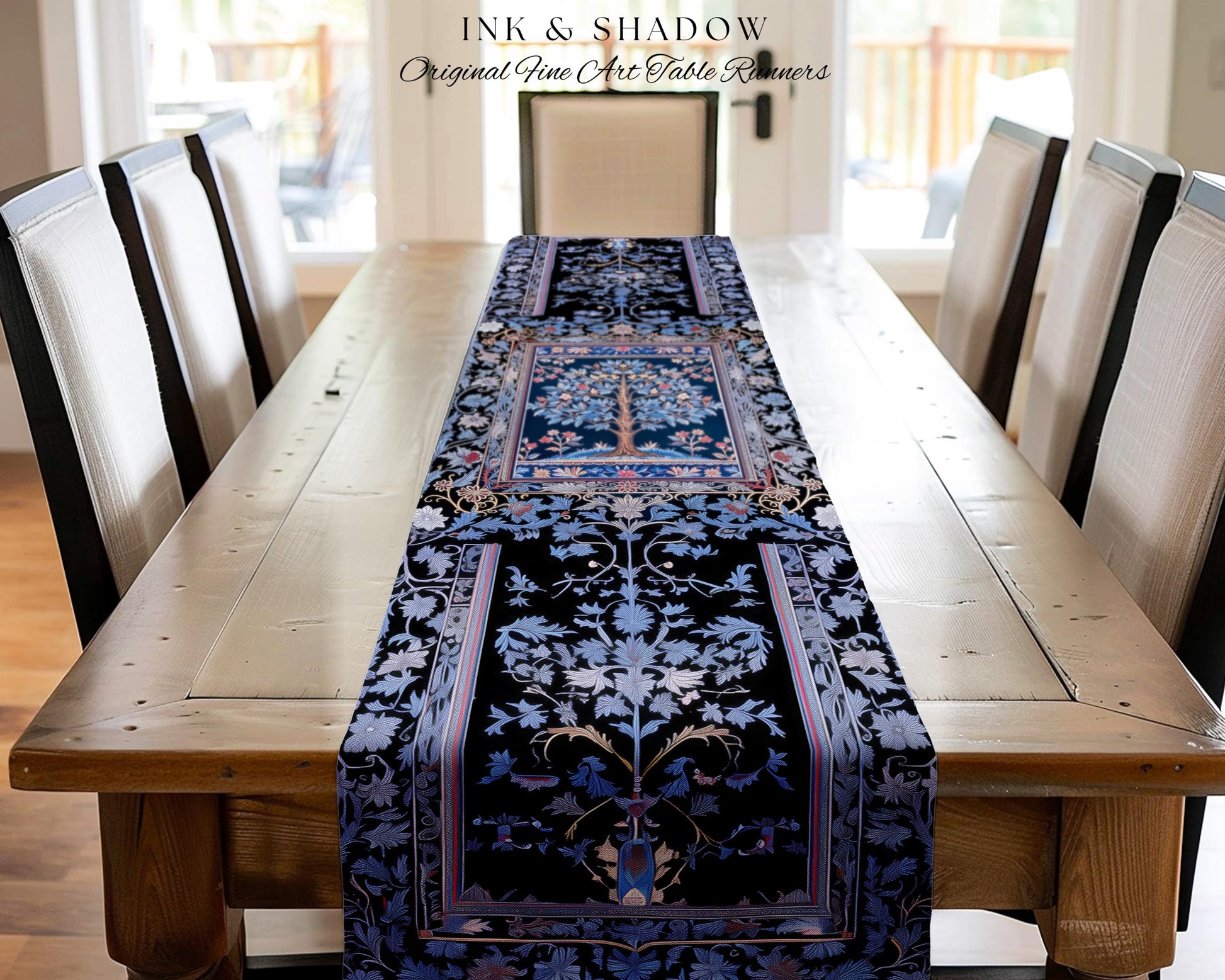 Dark Woodland Rich Baroque Tree of Life Table Runner | Intricate Garden Decor Romantic Baroque Floral Morris Inspired Woodland Folk Art |