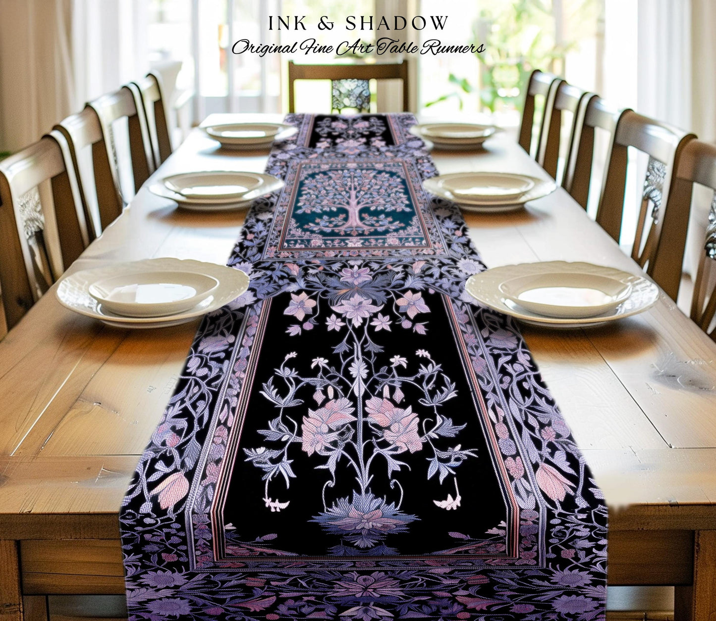 Whimsical Lavender Tree of Life Table Runner | Pastel Botanical Theme Romantic Cottagecore Decor Medieval Gothic Style Vintage Folk Art |