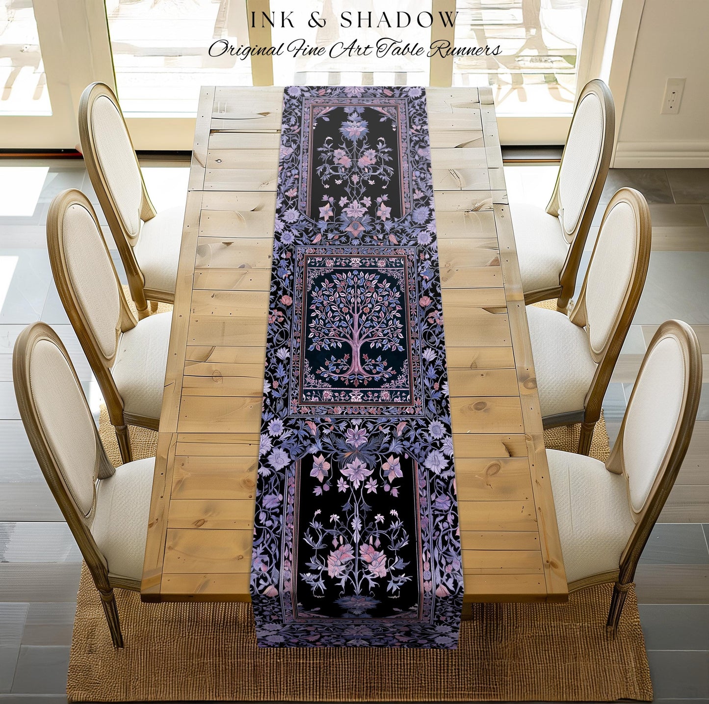 Whimsical Lavender Tree of Life Table Runner | Pastel Botanical Theme Romantic Cottagecore Decor Medieval Gothic Style Vintage Folk Art |
