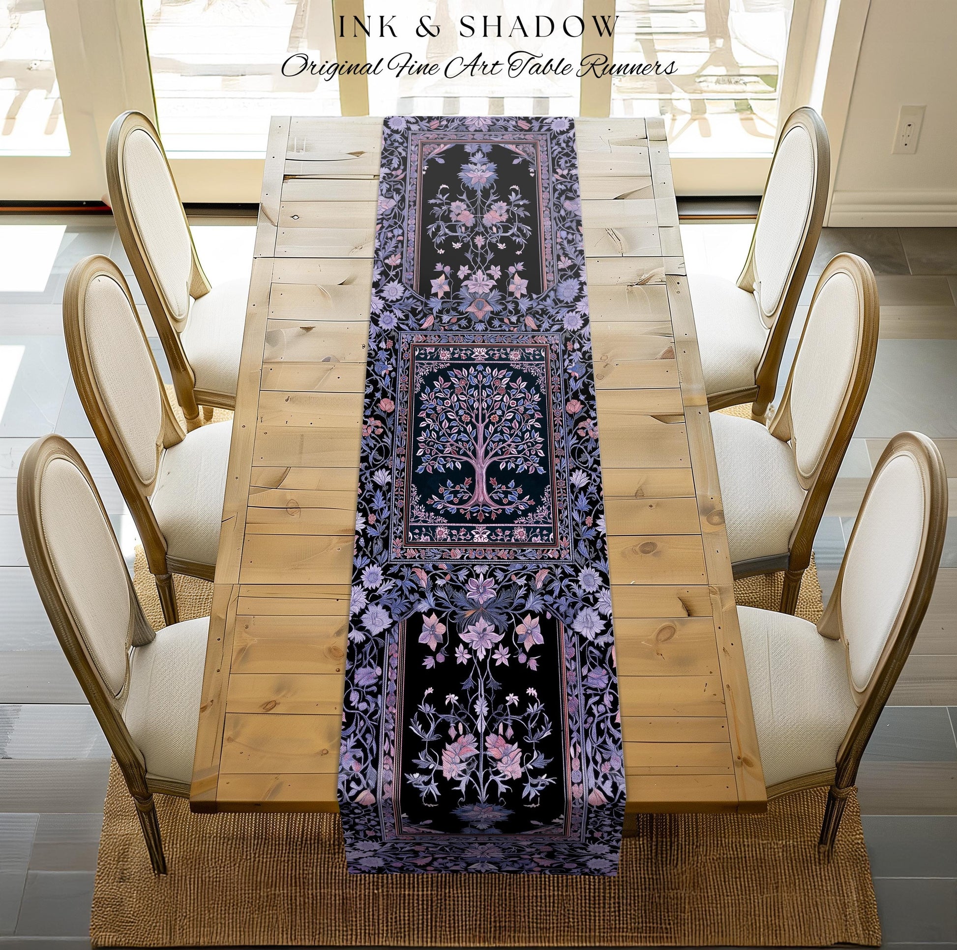 Whimsical Lavender Tree of Life Table Runner | Pastel Botanical Theme Romantic Cottagecore Decor Medieval Gothic Style Vintage Folk Art |