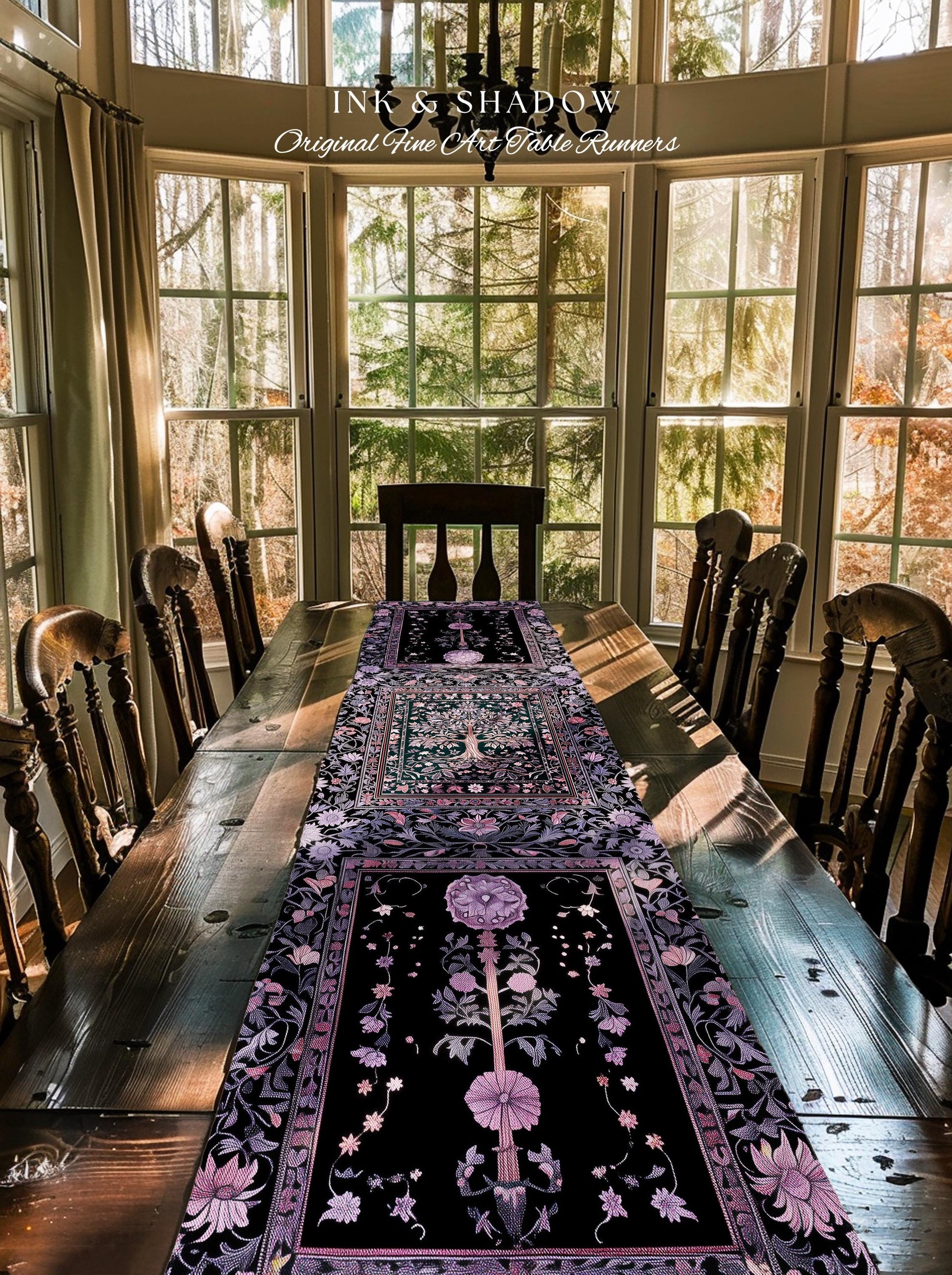 Chateaucore Pastel Purple Table Runner | Vintage Botanical Art Gothic Heritage Tree of Life Design Romantic Fairytale Cottagecore Accent |