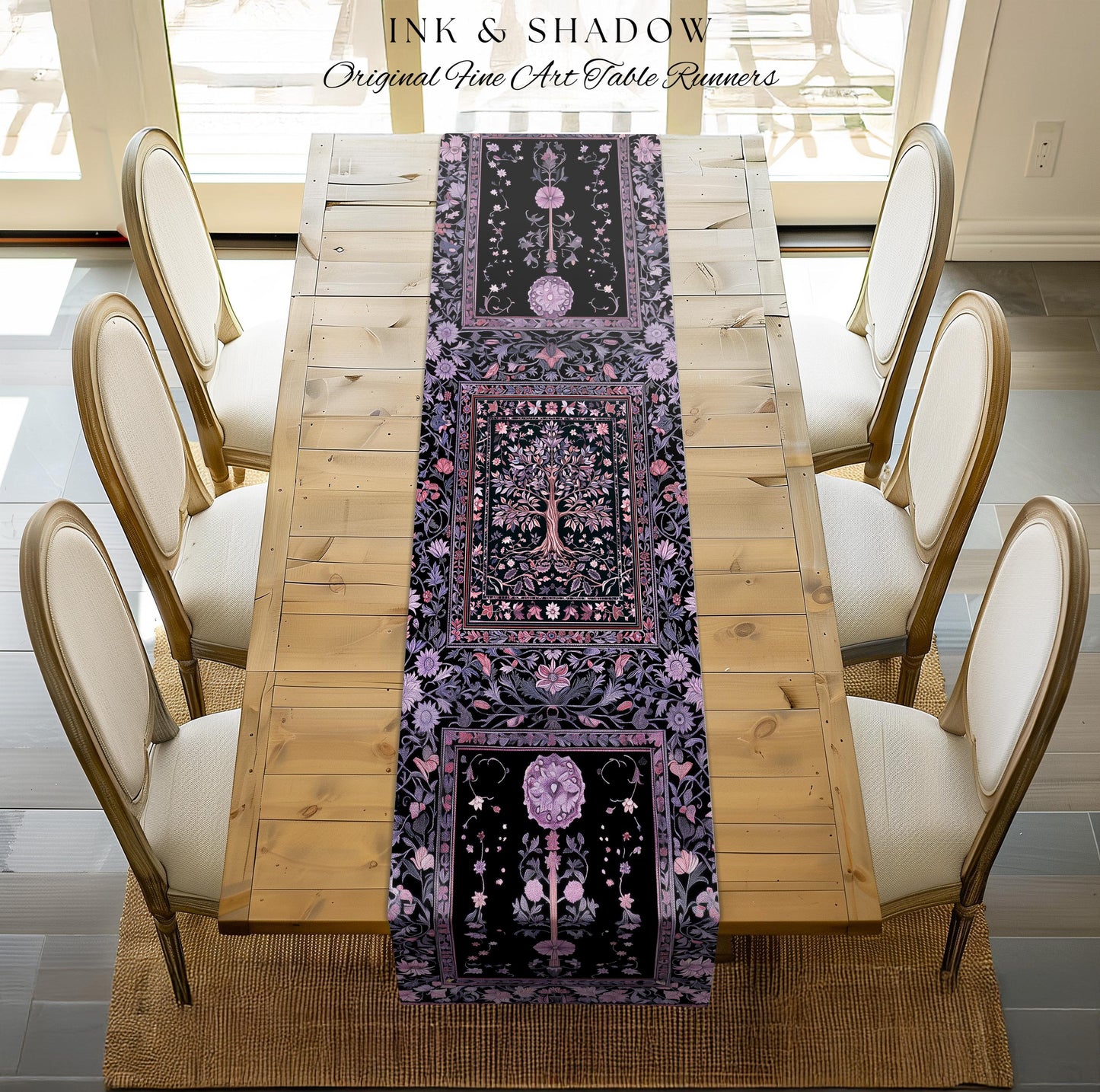 Chateaucore Pastel Purple Table Runner | Vintage Botanical Art Gothic Heritage Tree of Life Design Romantic Fairytale Cottagecore Accent |