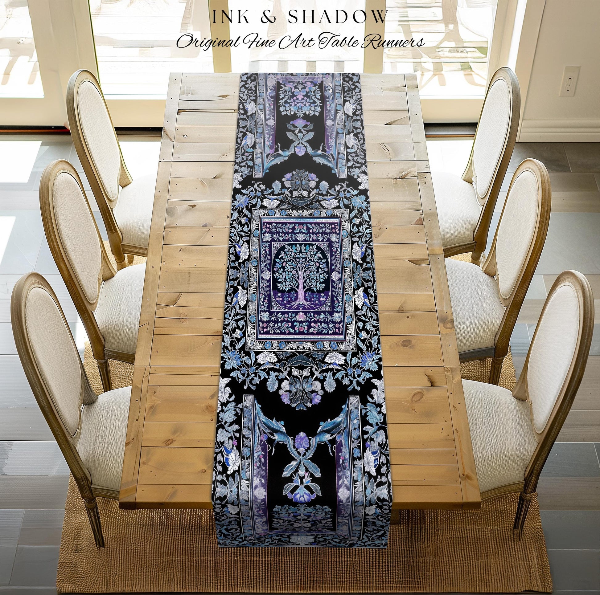 Icy Blue Pastel Gothic Tree Table Runner | Dark Academia Home Accent Romantic Botanical Vintage Floral Maximalist Cottagecore Decor Gothic