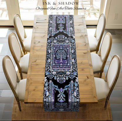 Icy Blue Pastel Gothic Tree Table Runner | Dark Academia Home Accent Romantic Botanical Vintage Floral Maximalist Cottagecore Decor Gothic