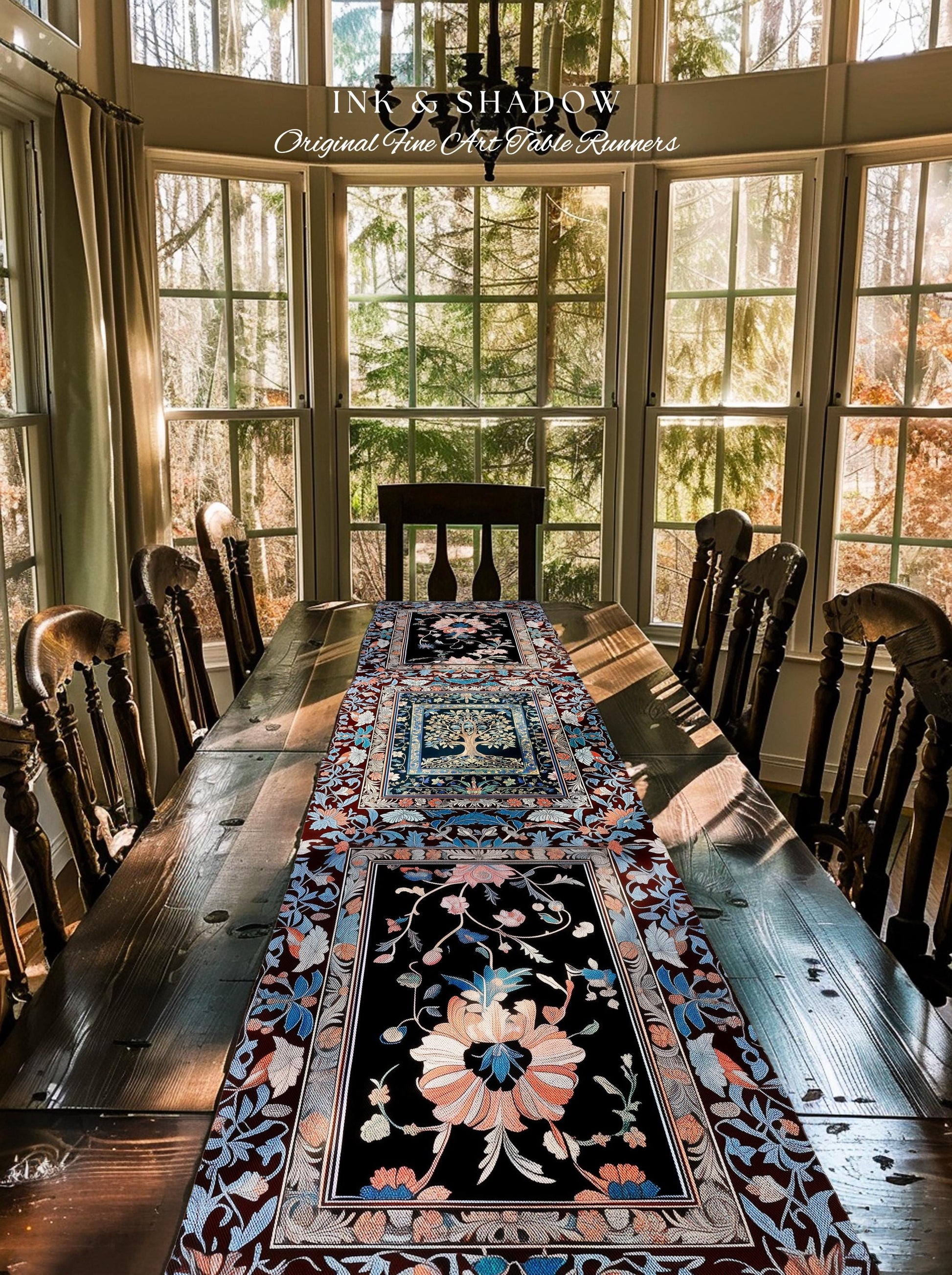 Indie Eclectic Medieval Tree of Life Table Runner | Baroque Botanical Maximalist Floral Decor Folklore Inspired Design Cottagecore Purple |