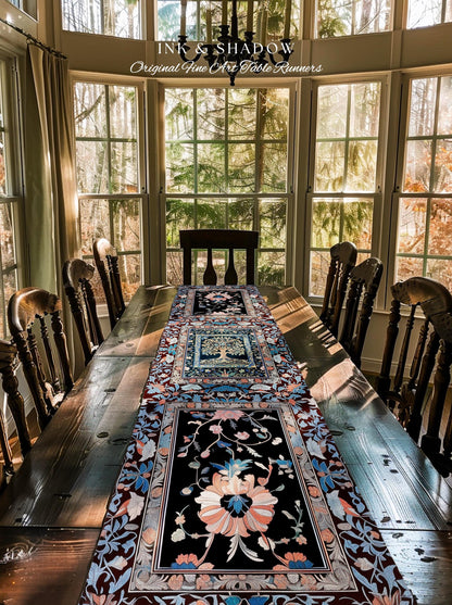 Indie Eclectic Medieval Tree of Life Table Runner | Baroque Botanical Maximalist Floral Decor Folklore Inspired Design Cottagecore Purple |