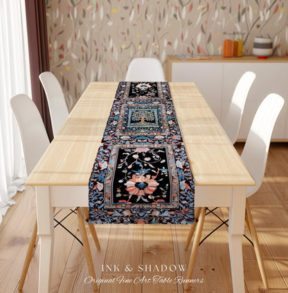 Indie Eclectic Medieval Tree of Life Table Runner | Baroque Botanical Maximalist Floral Decor Folklore Inspired Design Cottagecore Purple |