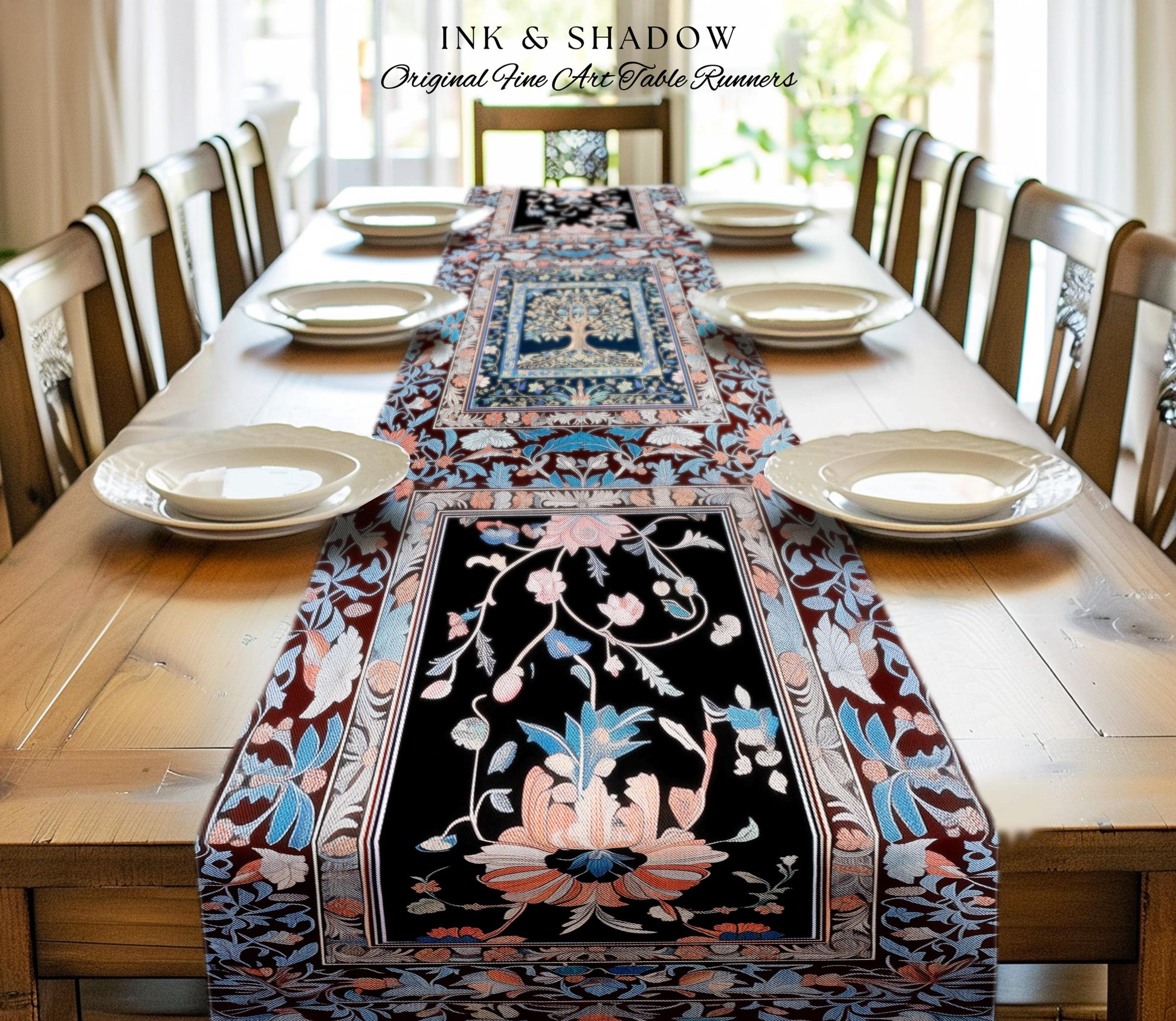 Indie Eclectic Medieval Tree of Life Table Runner | Baroque Botanical Maximalist Floral Decor Folklore Inspired Design Cottagecore Purple |