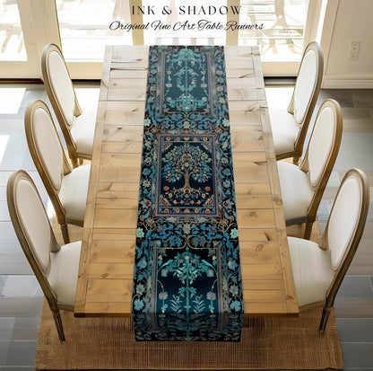 Moody Gothic Blues Tree of Life Table Runner | Mystical Garden Theme Vintage Floral Decor Romantic Folk Art Forestcore Maximalist Style |