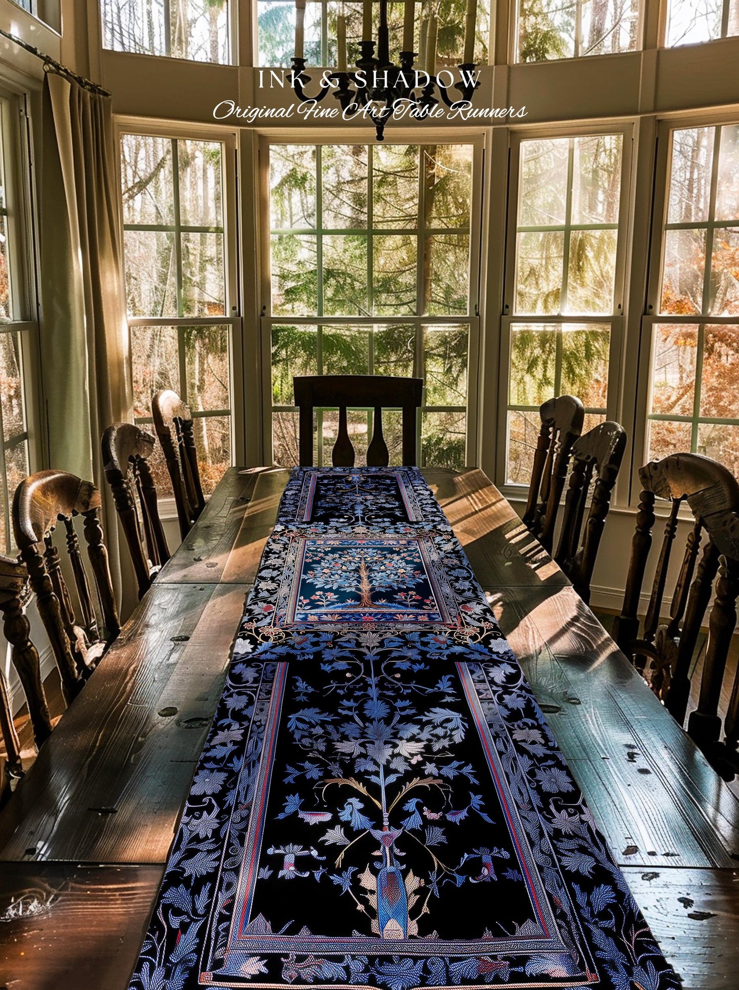 Dark Woodland Rich Baroque Tree of Life Table Runner | Intricate Garden Decor Romantic Baroque Floral Morris Inspired Woodland Folk Art |