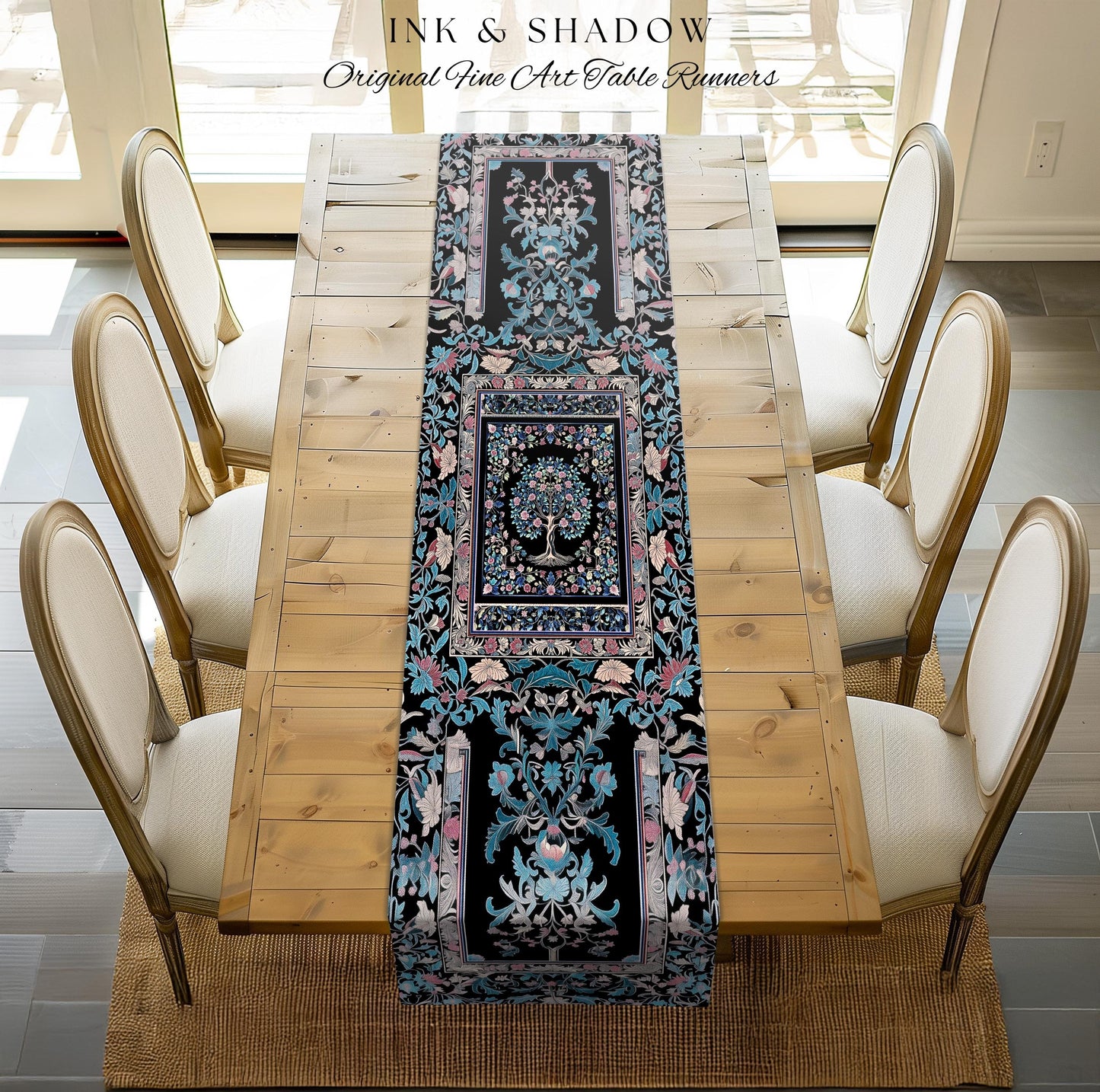 Timeless Folklore Tree Table Runner | Gothic Floral Medieval Ornate Nature Motif Romantic Garden Aesthetic Dining Room Decor Maximalist Home