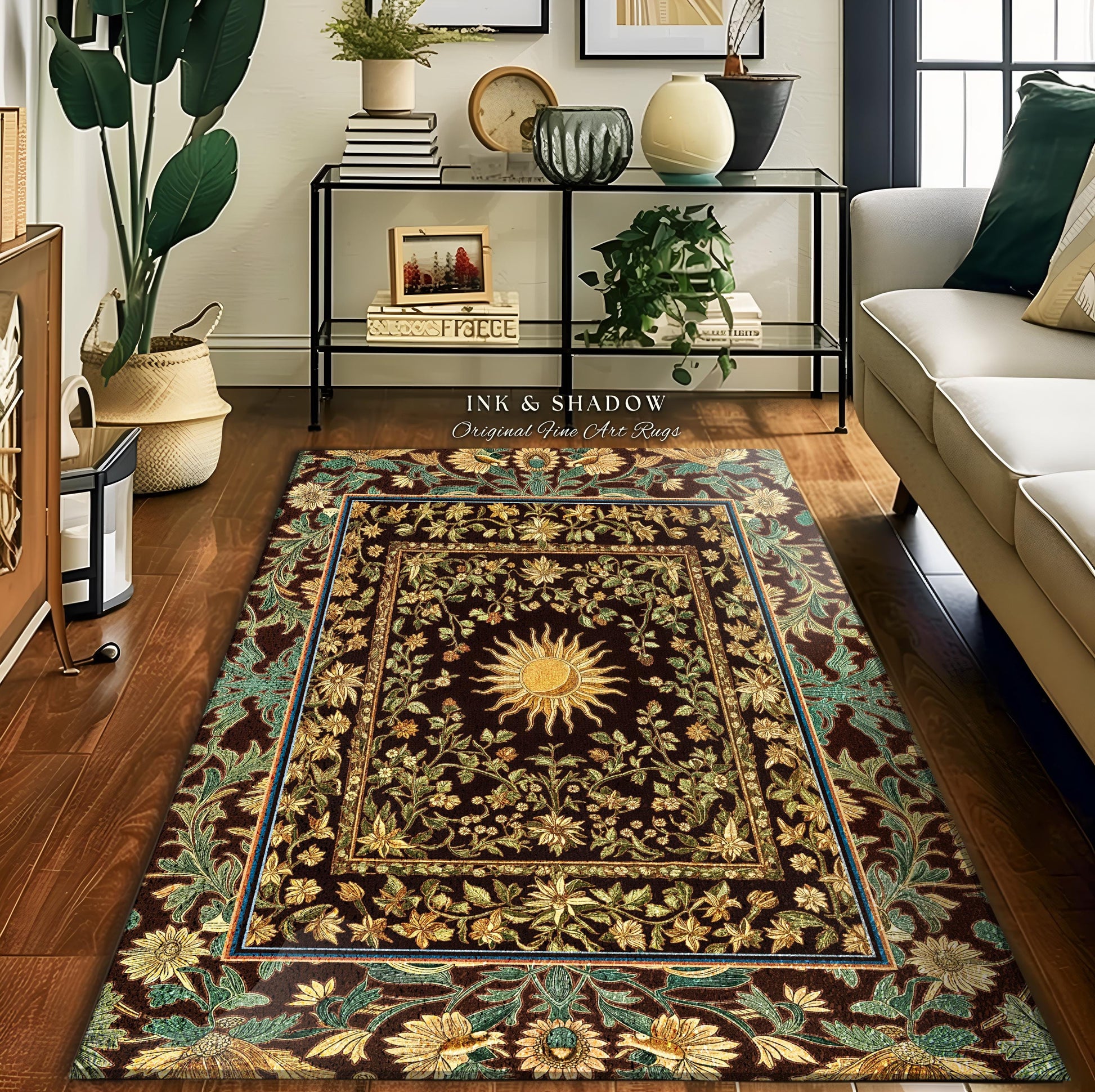 May include: A brown and green area rug with a floral pattern and a sun in the center. The rug is called &#39;Ink & Shadow Original Fine Art Rugs&#39;.