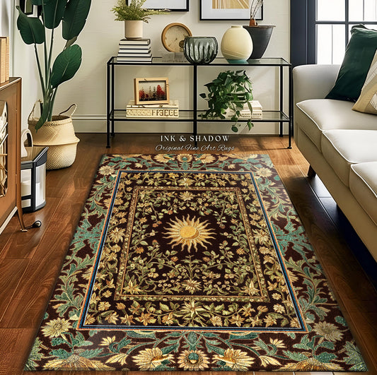 May include: A brown and green area rug with a floral pattern and a sun in the center. The rug is called &#39;Ink & Shadow Original Fine Art Rugs&#39;.