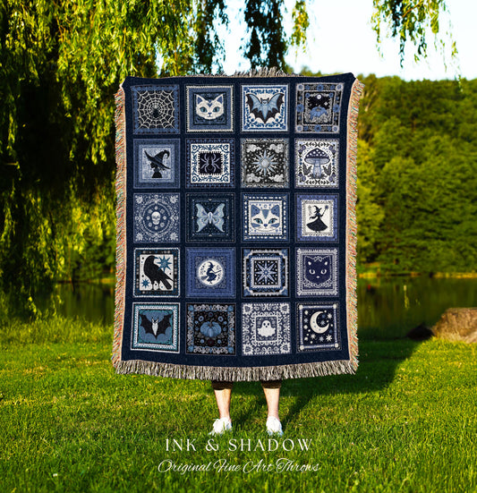 Cottagecore Witch Navy Cotton Tapestry | Fairycore Bedroom Accent Cozy Whimsical Decor Halloween Throw Witchcore Gift for Enchanted Home |