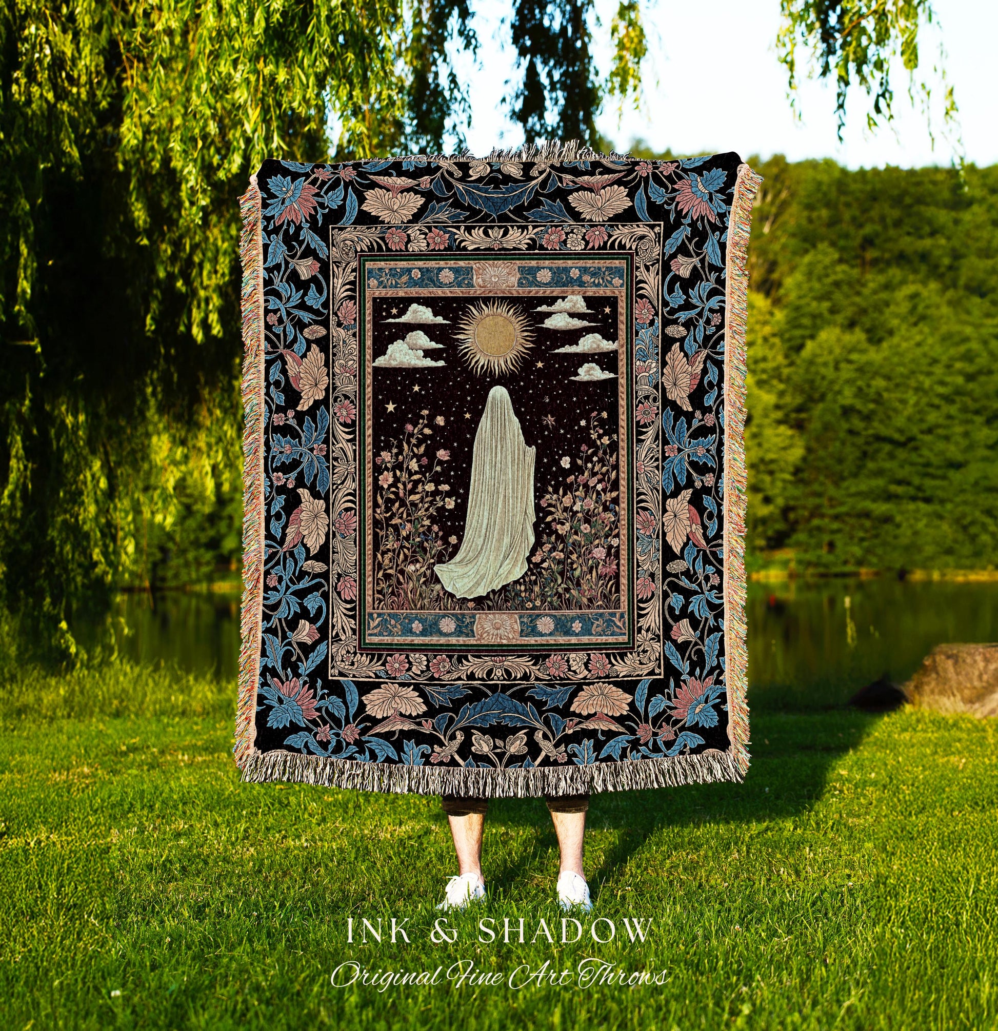 Gothic Sunlit Ghost Throw Blanket | Whimsigothic Cottagecore Woven Tapestry Decor Halloween Spirit Floral Mysticism Witchy Bedroom Accent |