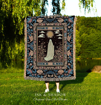 Gothic Sunlit Ghost Throw Blanket | Whimsigothic Cottagecore Woven Tapestry Decor Halloween Spirit Floral Mysticism Witchy Bedroom Accent |