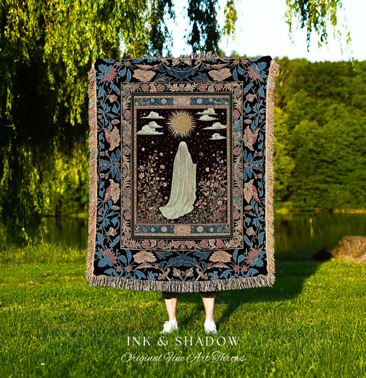 Gothic Sunlit Ghost Throw Blanket | Whimsigothic Cottagecore Woven Tapestry Decor Halloween Spirit Floral Mysticism Witchy Bedroom Accent |