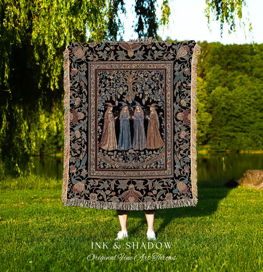 Celestial Witches Gothic Woven Wall Tapestry | Dreamy Maiden Forest Enchantment Floral Magic Coven Throw Blanket Folk Tale Sisterhood Art |