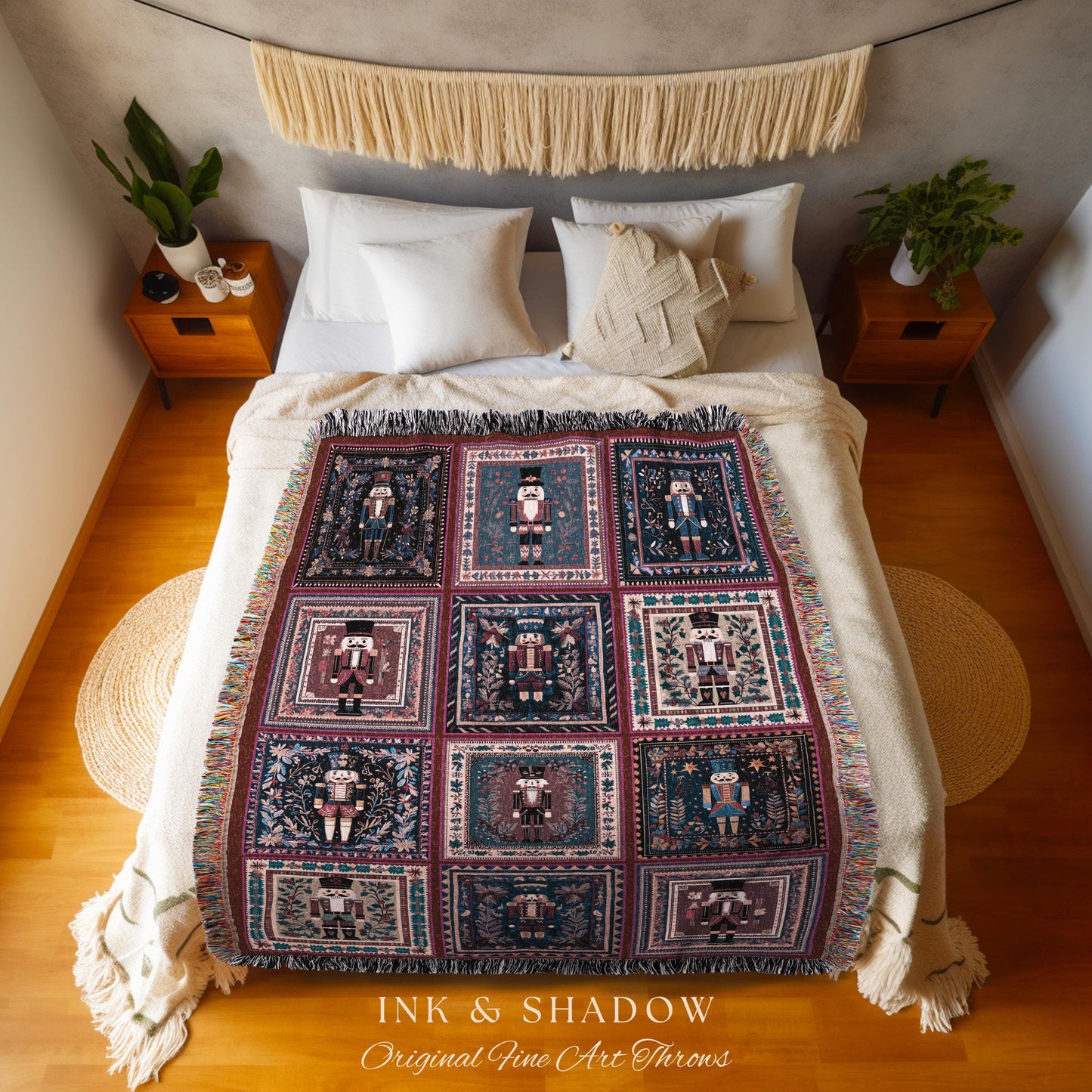Patchwork Nutcracker Festive Blanket | Retro Winter Home Decor Cottagecore Purple Accent Cottagecore Aesthetic Hygge Boho Cozy Whimsical |