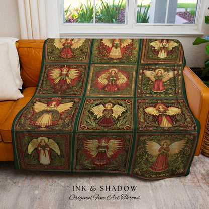 Victorian Christmas Angel Woven Tapestry Patchwork Throw Blanket | Traditional Holiday Jacquard Vintage Heirloom Style Cozy Holy Night Decor