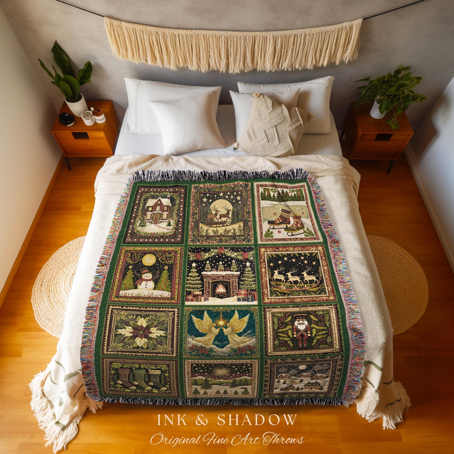 Cozy Winter Wonderland Boho Festive Throw | Whimsical Snowman and Reindeer Ethereal Rustic Nutcracker Holiday Decorating Angel Home Decor