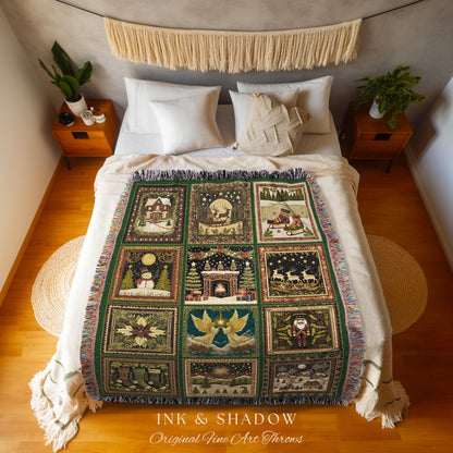 Cozy Winter Wonderland Boho Festive Throw | Whimsical Snowman and Reindeer Ethereal Rustic Nutcracker Holiday Decorating Angel Home Decor