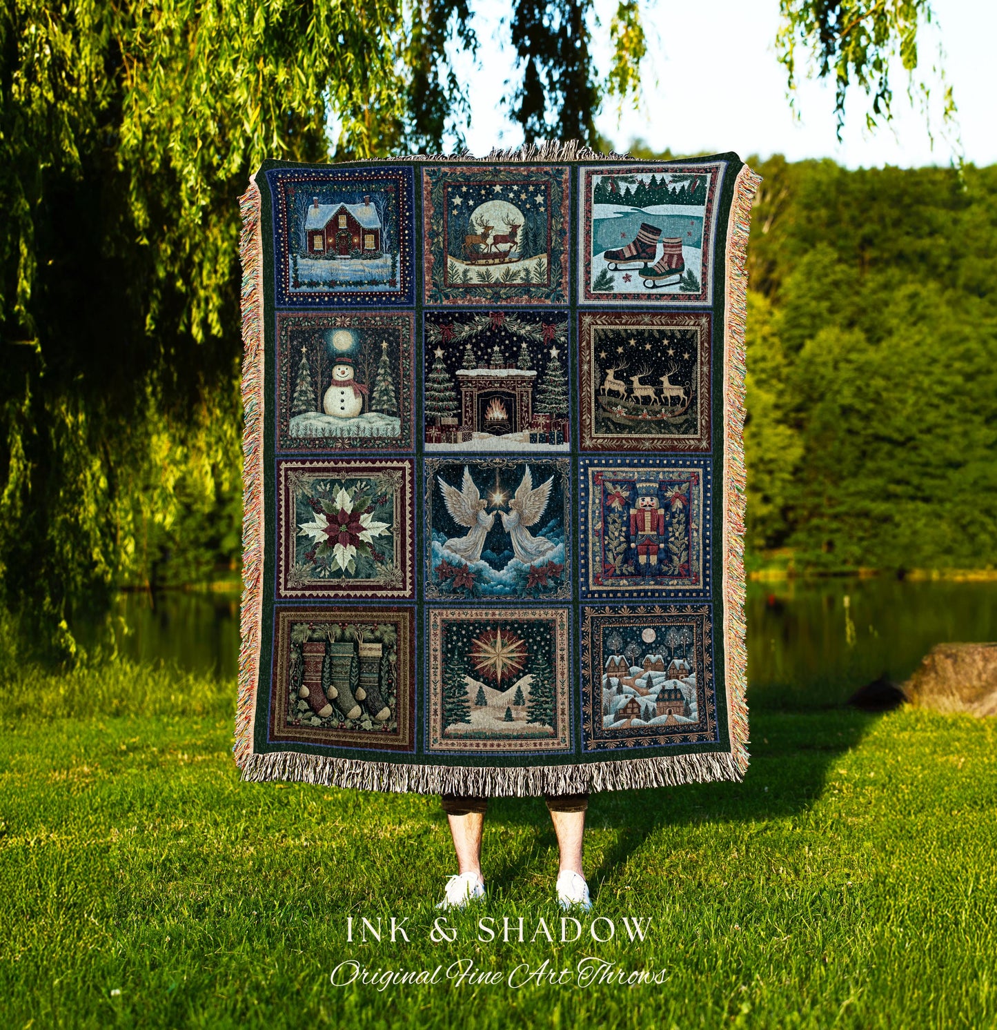 Whimsical Winter Wonderland Festive Holiday Blanket | Storybook Christmas Patchwork Nostalgic Tapestry Woven Throw Cozy Seasonal Home Decor