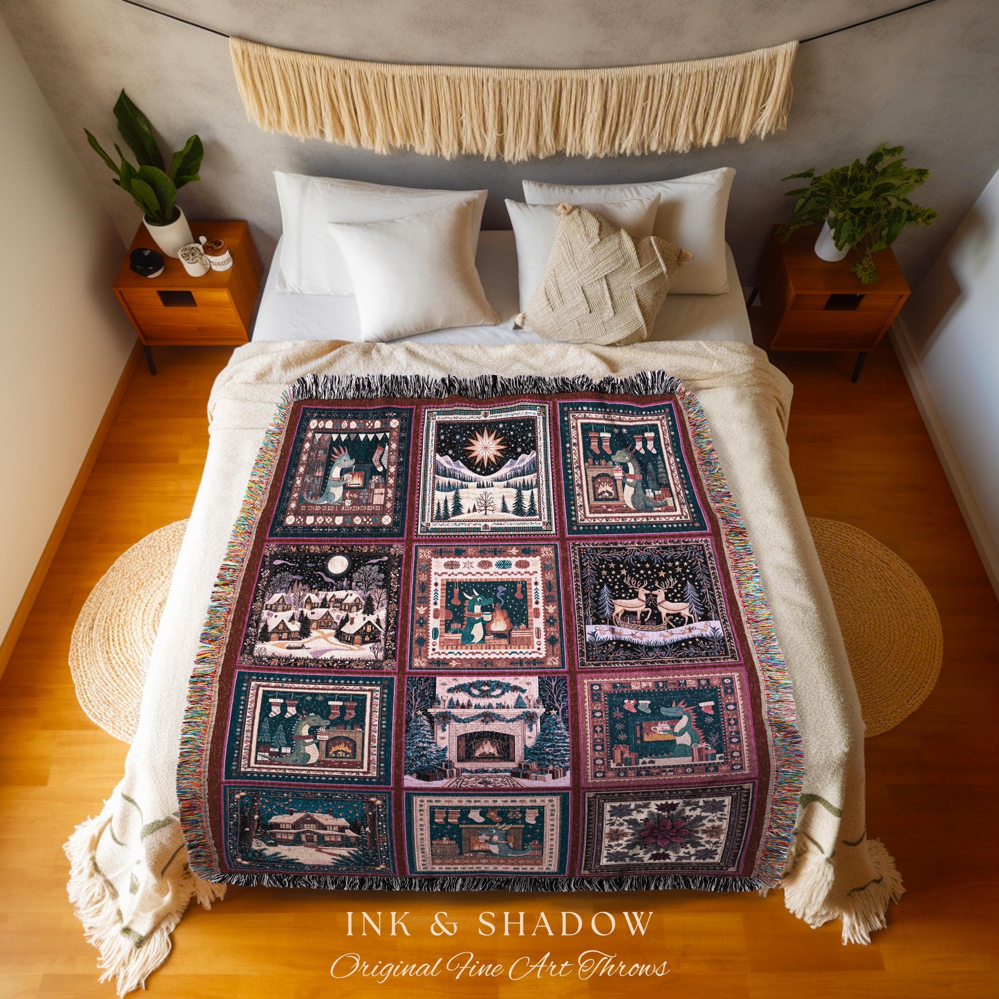 Cozy Cute Holiday Dragon Blanket | Whimsical Home Decor Festive Aesthetic Boho Cottagecore Reindeer Purple Patchwork Throw Nostalgic Style |