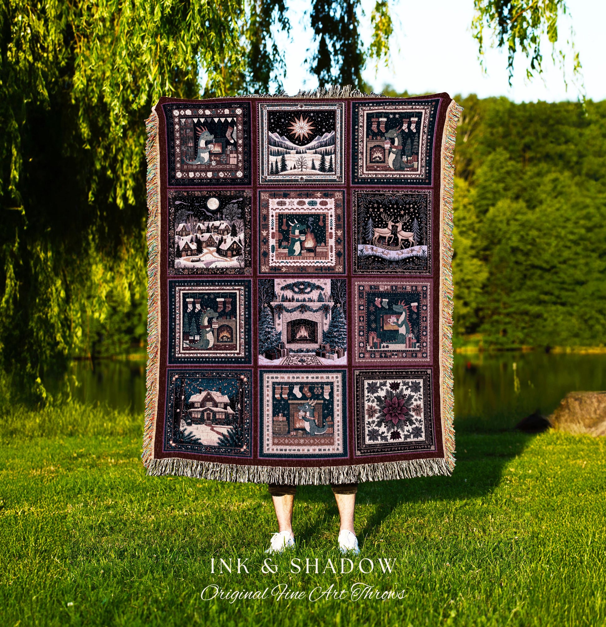 Cozy Cute Holiday Dragon Blanket | Whimsical Home Decor Festive Aesthetic Boho Cottagecore Reindeer Purple Patchwork Throw Nostalgic Style |