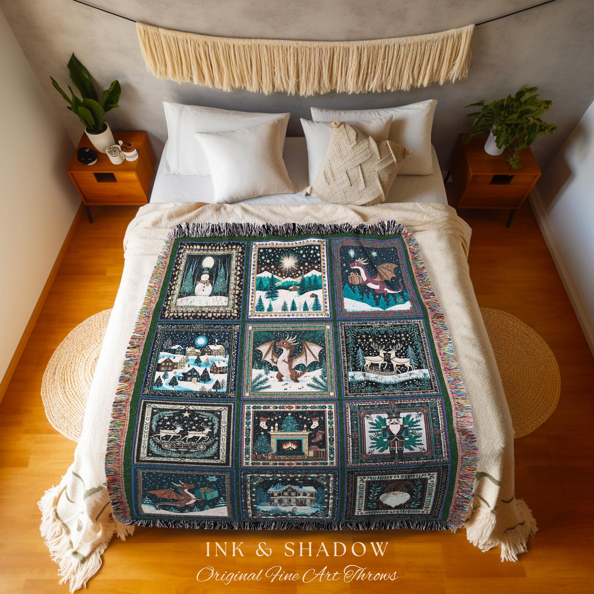 Cozy Winter Night Dragon Throw Blanket | Eclectic Holiday Cottagecore Festive Aesthetic Boho Nostalgic Reindeer Woven Tapestry Xmas Accent |