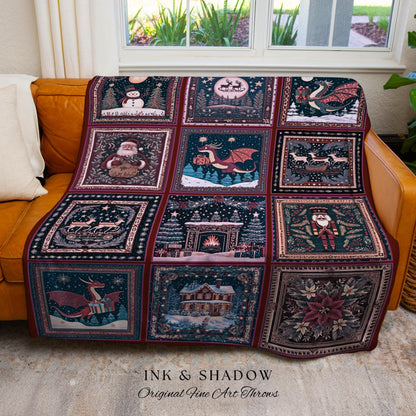 Sugarplum Dragon Whimsical Woven Blanket | Festive Nostalgic Cozy Cute Christmas Whimsical Seasonal Boho Holiday Tapestry Winter Home Accent