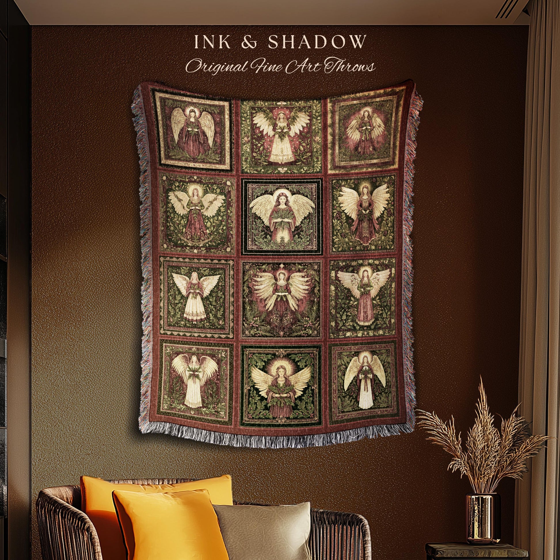 Rustic Angels Eclectic Woven Tapestry | Festive Holy Night Throw Blanket Vintage Aesthetic Whimsical Fairies Elegant Celestial Spirits Gift