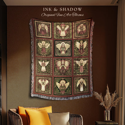 Rustic Angels Eclectic Woven Tapestry | Festive Holy Night Throw Blanket Vintage Aesthetic Whimsical Fairies Elegant Celestial Spirits Gift