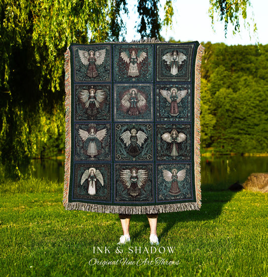 Cottagecore Festive Angels Throw Blanket | Navy Blue Christmas Tapestry Whimsical Holiday Aesthetic Muted Colors Ethereal Xmas Home Decor |