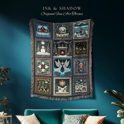 Whimsical Winter Wonderland Festive Holiday Blanket | Storybook Christmas Patchwork Nostalgic Tapestry Woven Throw Cozy Seasonal Home Decor