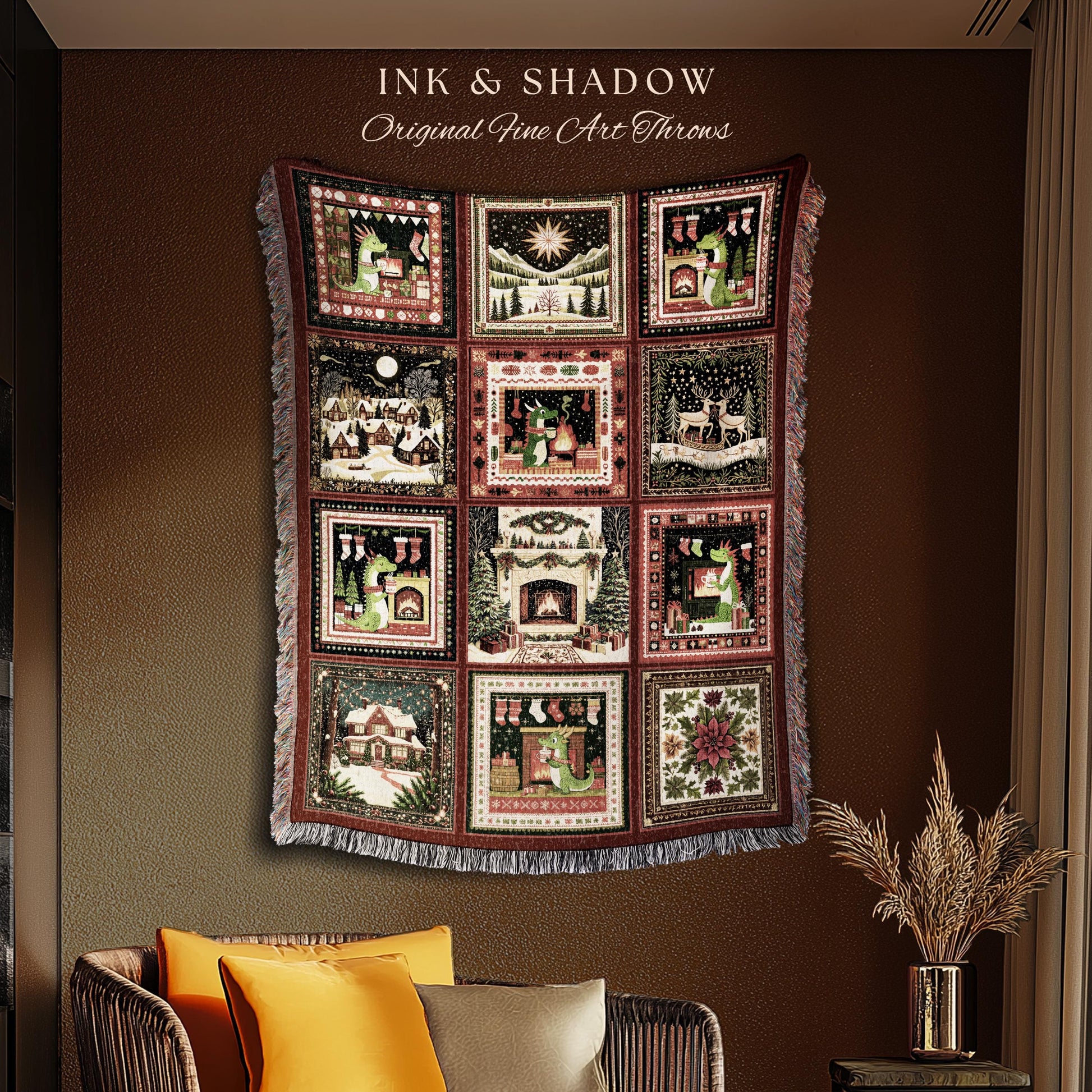 Cute Festive Charm Throw Blanket | Eclectic Boho Dragon Woven Tapestry Cottagecore Holiday Home Decor North Star Whimsical Style Accent |