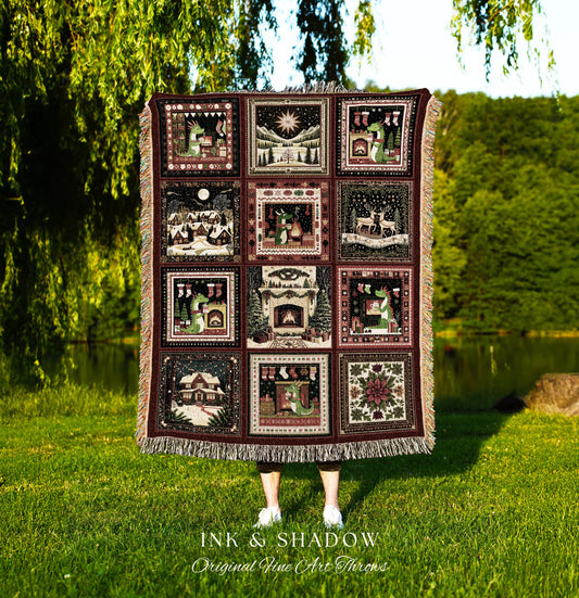 Cute Festive Charm Throw Blanket | Eclectic Boho Dragon Woven Tapestry Cottagecore Holiday Home Decor North Star Whimsical Style Accent |