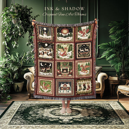 Enchanted Festive Dragon Blanket | Cozy Holiday Cottagecore Decor Boho Whimsical Reindeer Woven Tapestry Nostalgic Seasonal Home Accent |