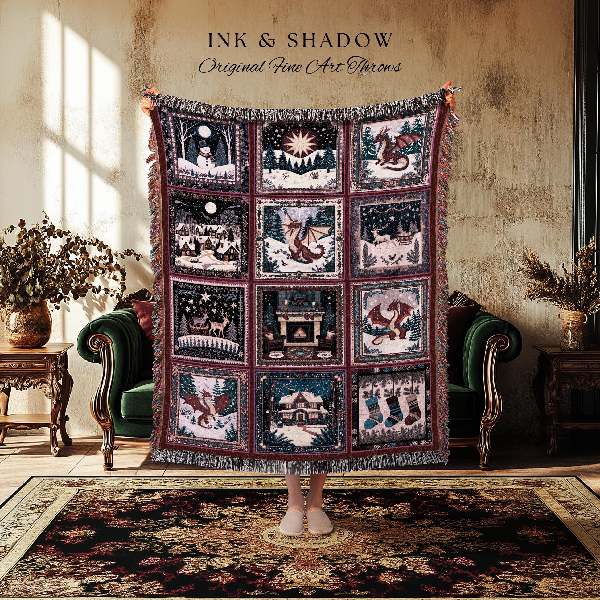 Winter Dragon Whimsical Woven Blanket | Whimsical Christmas Cottagecore Boho Cozy Patchwork Nostalgic Festive Tapestry Seasonal Accent Cute