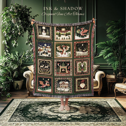 Boho Holiday Dragon Woven Tapestry | Cozy Cottagecore Christmas Throw Blanket Eclectic Whimsy Seasonal Festive Nostalgic Home Decor Accent |