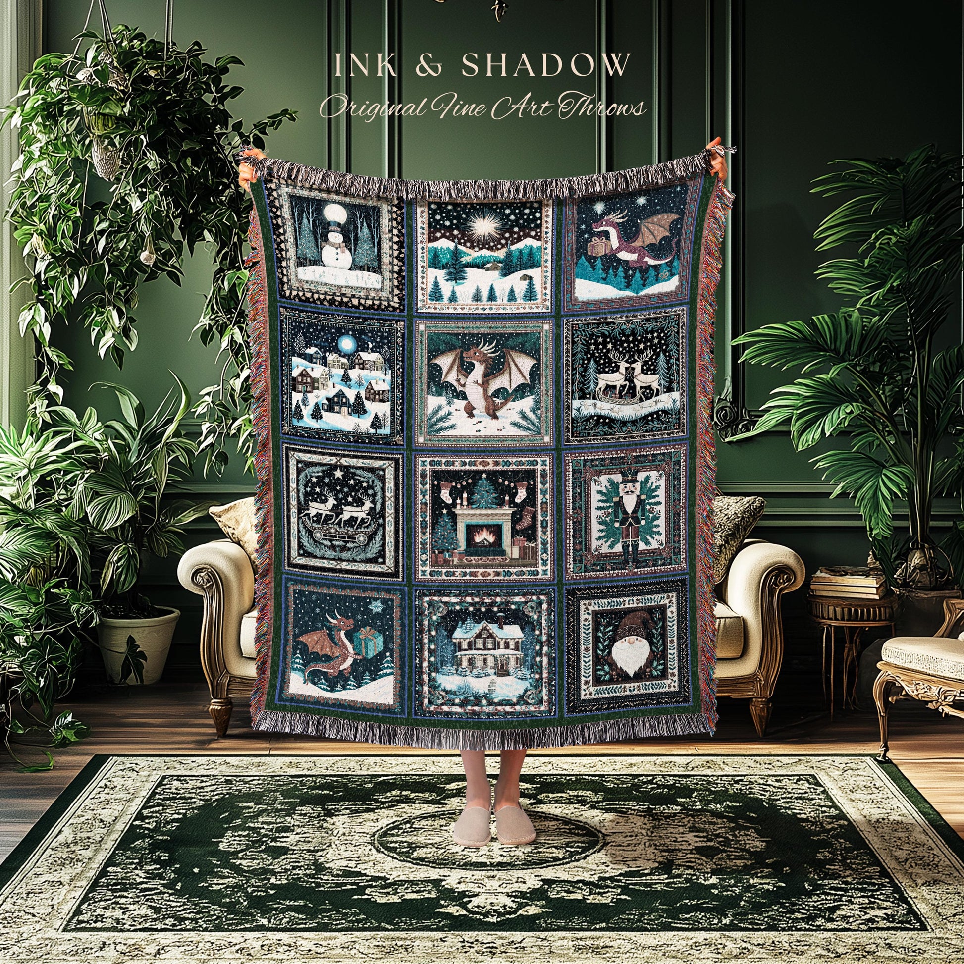 Cozy Winter Night Dragon Throw Blanket | Eclectic Holiday Cottagecore Festive Aesthetic Boho Nostalgic Reindeer Woven Tapestry Xmas Accent |