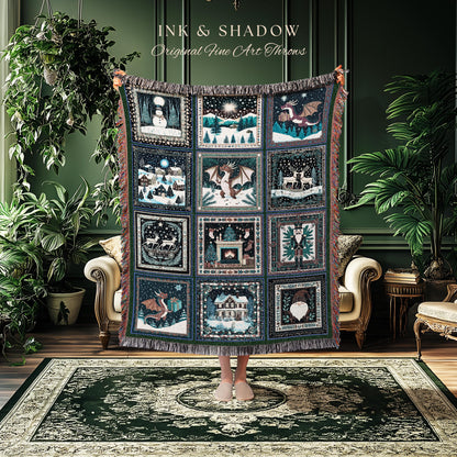 Cozy Winter Night Dragon Throw Blanket | Eclectic Holiday Cottagecore Festive Aesthetic Boho Nostalgic Reindeer Woven Tapestry Xmas Accent |