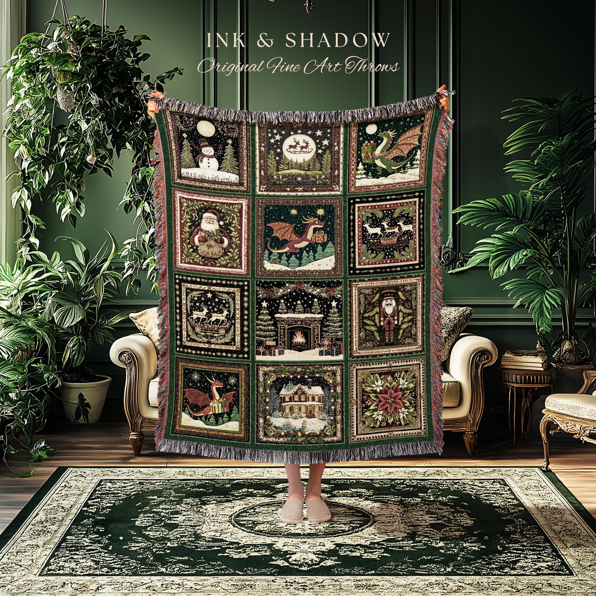 Jolly Dragon Woven Festive Blanket | Cottagecore Holiday Nostalgic Cozy Whimsical Seasonal Christmas Eclectic Reindeer Woven Tapestry Throw