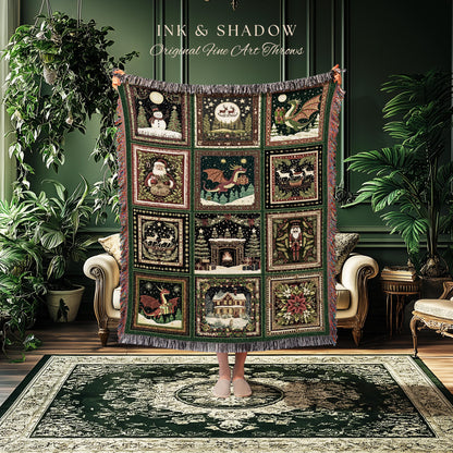 Jolly Dragon Woven Festive Blanket | Cottagecore Holiday Nostalgic Cozy Whimsical Seasonal Christmas Eclectic Reindeer Woven Tapestry Throw