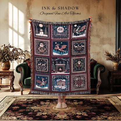 Sugarplum Dragon Whimsical Woven Blanket | Festive Nostalgic Cozy Cute Christmas Whimsical Seasonal Boho Holiday Tapestry Winter Home Accent