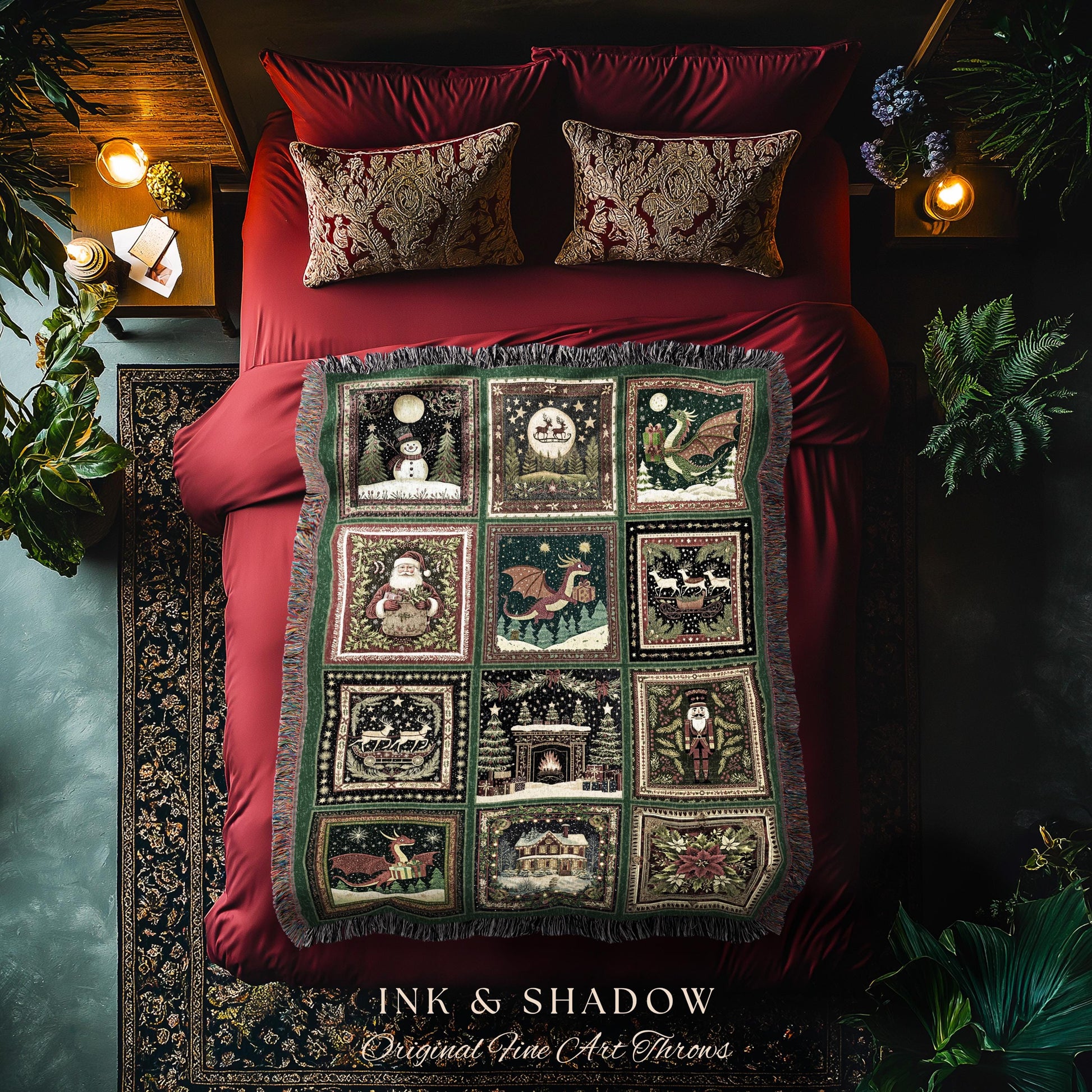 Jolly Dragon Woven Festive Blanket | Cottagecore Holiday Nostalgic Cozy Whimsical Seasonal Christmas Eclectic Reindeer Woven Tapestry Throw