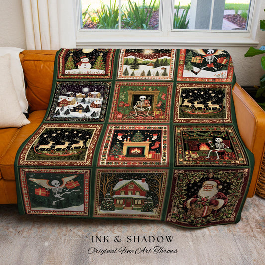 Cute Skeleton Holiday Throw Blanket | Merry Creepmas Cozy Festive Blanket Whimsigoth Gothmas Winter Cottagecore Christmas Holiday Witchy |